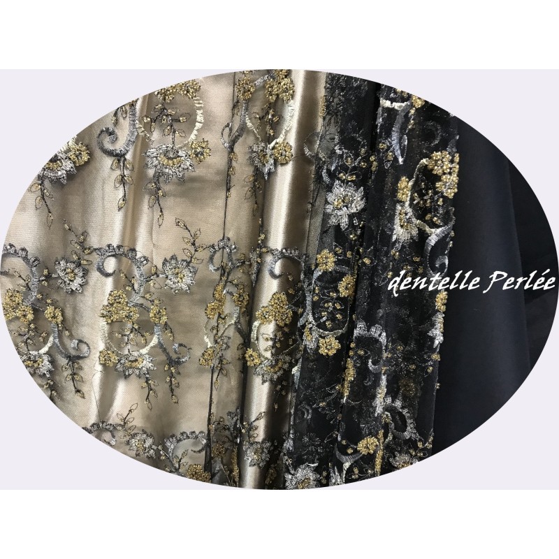 Dentelle Perlée Au Mètre Doré Or Sur fond noir En Grande Largeur Pour Caftan Et Cérémonie.