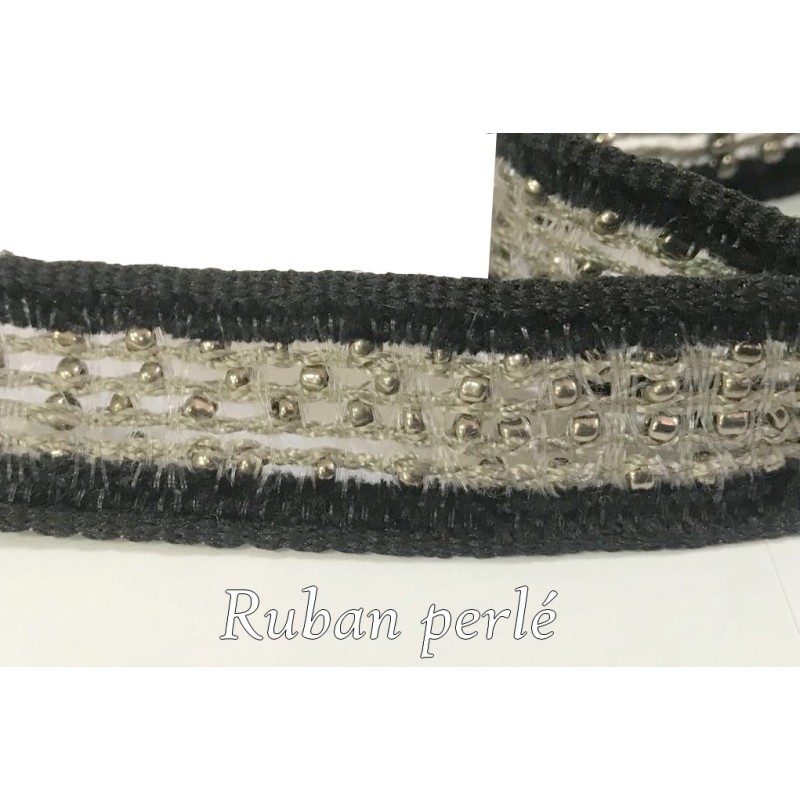 Ruban orné de perles argent, noir et gris en 17 mm : Élégance perlée