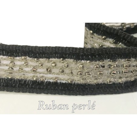 Ruban orné de perles argent, noir et gris en 17 mm : Élégance perlée