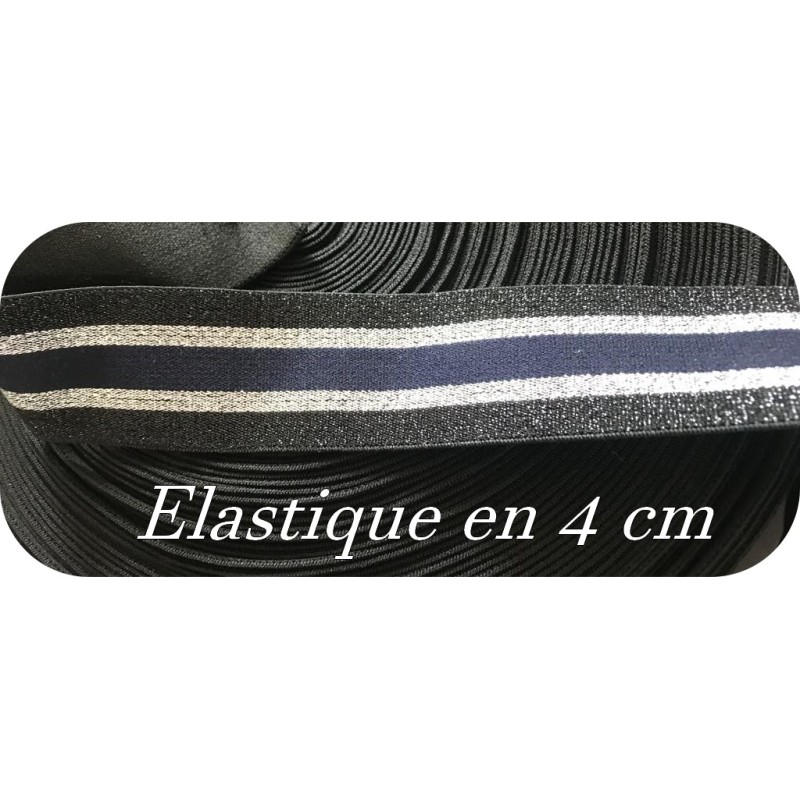 Elastique Argent lurex et marine sur fond noir plat En 4 Cm Au Mètre A Coudre