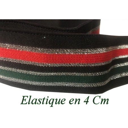 Elastique Rouge Vert et Argent lurex sur fond noir plat En 40 mm A Coudre