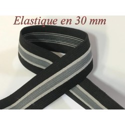 Elastique Gris et blanc sur fond noir plat En 30 mm A Coudre