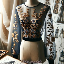Dentelle Tissu Brodé Couture Sur Tulle Résille  Doré Or Orné De Motifs Fleurs Bleu Marine et Doré Or.