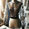 Dentelle Tissu Brodé Couture Sur Tulle Résille  Doré Or Orné De Motifs Fleurs Bleu Marine et Doré Or.