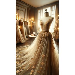 Dentelle Tissu Brodé Couture Sur Tulle Résille  Doré Or Orné De Motifs Fleurs Bleu Marine et Doré Or.