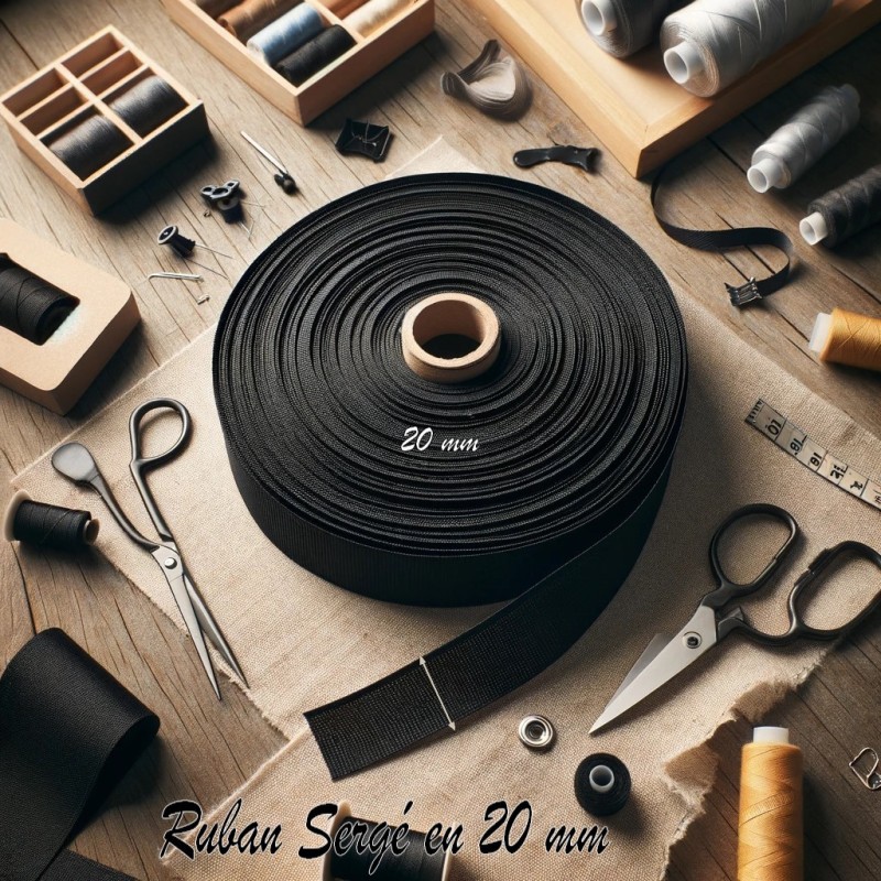 Ruban Sergé Noir Coton Au Mètre En 20 mm A Coudre Pour Loisirs Créatifs Et Décorations.