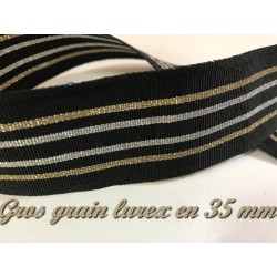 Ruban Gros Grain En 35 mm Noir A rayures Doré et Argenté primé A Coudre : Idéal pour Vos Loisirs Créatifs et Décorations"