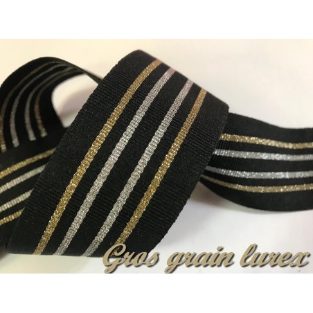 Ruban Gros Grain En 35 mm Noir A rayures Doré et Argenté primé A Coudre : Idéal pour Vos Loisirs Créatifs et Décorations"