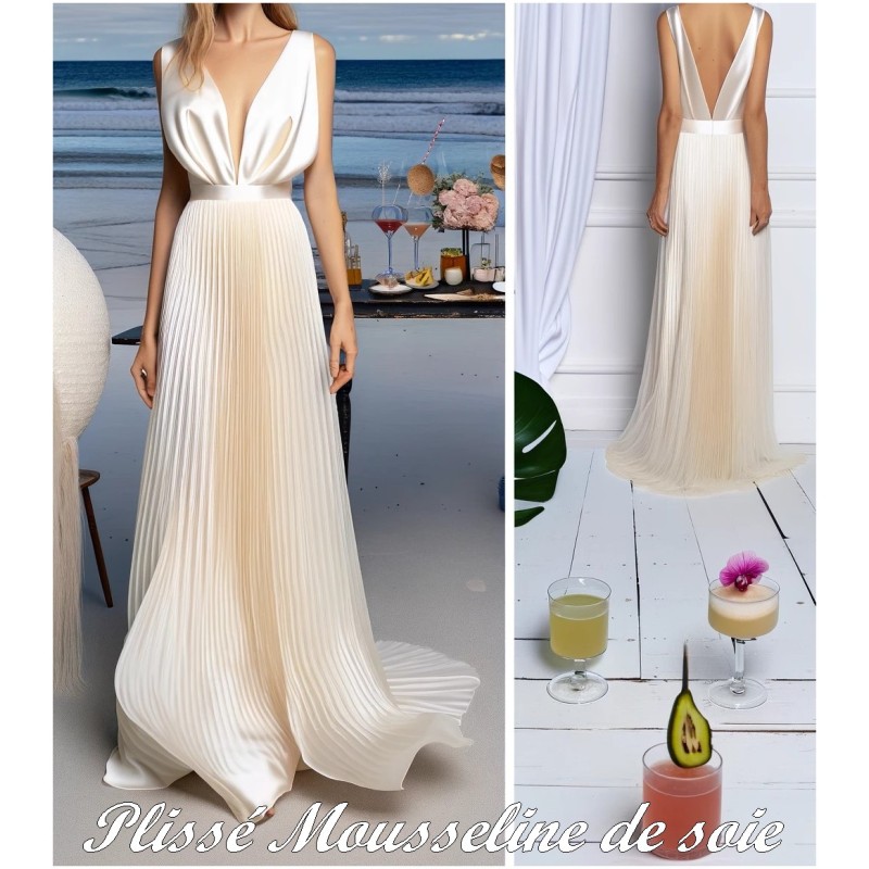 Plissé En Mousseline De Soie Ivoire Couture. - vendu au mètre. Pleated Ivory Chiffon Couture Fabric. - Sold by the meter.