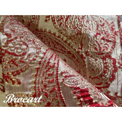Tissu Brocart Doré aux Motifs Floraux Rouges :  Éclat Royal - Royal Shine: Gold Brocade Fabric with Red Floral Patterns
