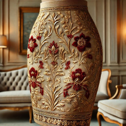 Tissu Brocart Doré aux Motifs Floraux Rouges :  Éclat Royal - Royal Shine: Gold Brocade Fabric with Red Floral Patterns