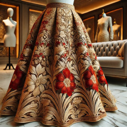Tissu Brocart Doré aux Motifs Floraux Rouges :  Éclat Royal - Royal Shine: Gold Brocade Fabric with Red Floral Patterns