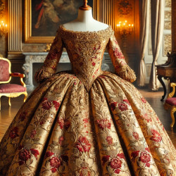 Tissu Brocart Doré aux Motifs Floraux Rouges :  Éclat Royal - Royal Shine: Gold Brocade Fabric with Red Floral Patterns