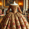 Tissu Brocart Doré aux Motifs Floraux Rouges :  Éclat Royal - Royal Shine: Gold Brocade Fabric with Red Floral Patterns