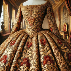 Tissu Brocart Doré aux Motifs Floraux Rouges :  Éclat Royal - Royal Shine: Gold Brocade Fabric with Red Floral Patterns