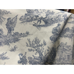 Tissu Toile de Jouy 280 cm de large – Fond écru avec impression bleue, pour ameublement et décoration
