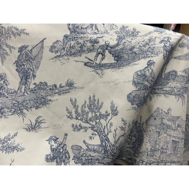 Tissu Toile de Jouy 280 cm de large – Fond écru avec impression bleue, pour ameublement et décoration