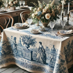 Tissu Toile de Jouy 280 cm de large – Fond écru avec impression bleue, pour ameublement et décoration