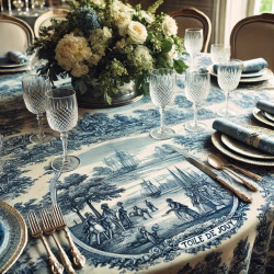 Tissu Toile de Jouy 280 cm de large – Fond écru avec impression bleue, pour ameublement et décoration