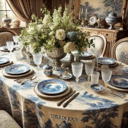 Tissu Toile de Jouy 280 cm de large – Fond écru avec impression bleue, pour ameublement et décoration