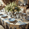 Tissu Toile de Jouy 280 cm de large – Fond écru avec impression bleue, pour ameublement et décoration