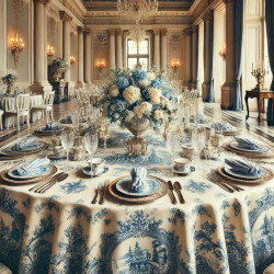 Tissu Toile de Jouy 280 cm de large – Fond écru avec impression bleue, pour ameublement et décoration