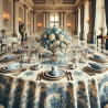 Tissu Toile de Jouy 280 cm de large – Fond écru avec impression bleue, pour ameublement et décoration