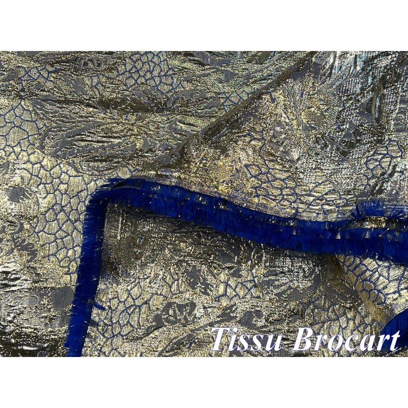 Tissu Brocart Bleu Royal et Doré Haute Couture