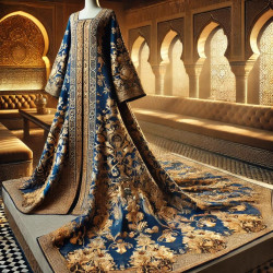 Tissu Brocart Bleu Royal et Doré Haute Couture.