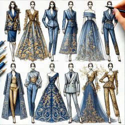 Tissu Brocart Bleu Royal et Doré Haute Couture.