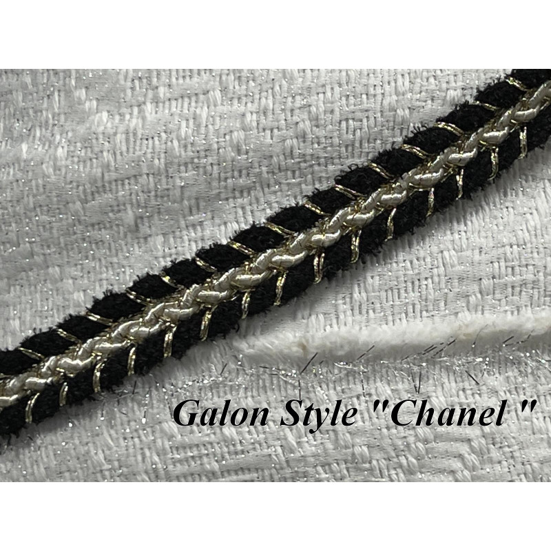 Galon Style " Chanel " Haute Couture – 14 mm avec Fil Doré - Élégance Haute Couture Noir, Blanc & Doré" .