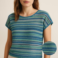 🧶 Tissu Maille Fantaisie Style Crochet – Rayures Bleues et Vertes