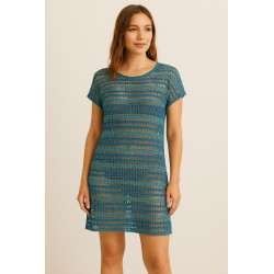 🧶 Tissu Maille Fantaisie Style Crochet – Rayures Bleues et Vertes