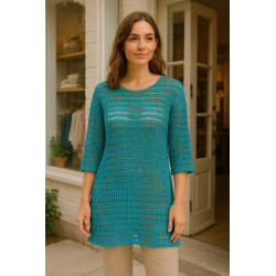 🧶 Tissu Maille Fantaisie Style Crochet – Rayures Bleues et Vertes