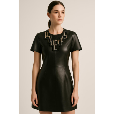 Col Plastron Simili Cuir Noir – Décor Carré Métallisé