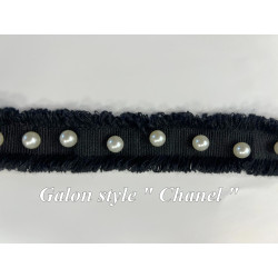Galon Style Chanel avec Perles Nacrées – Ruban Noir Frangé 30 mm – Vente au Mètre