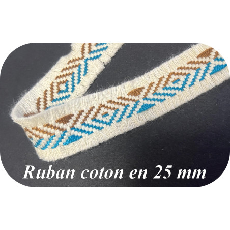 Ruban coton écru à motif géométrique bleu et marron – Largeur 25 mm – Mercerie couture et décoration