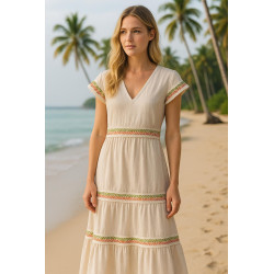 Ruban coton écru à motif géométrique bleu et marron – Largeur 25 mm – Mercerie couture et décoration