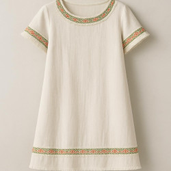 Galon Coton brodé ethnique à franges – Motifs géométriques orange et vert – Largeur 25 mm – Vendu au mètre