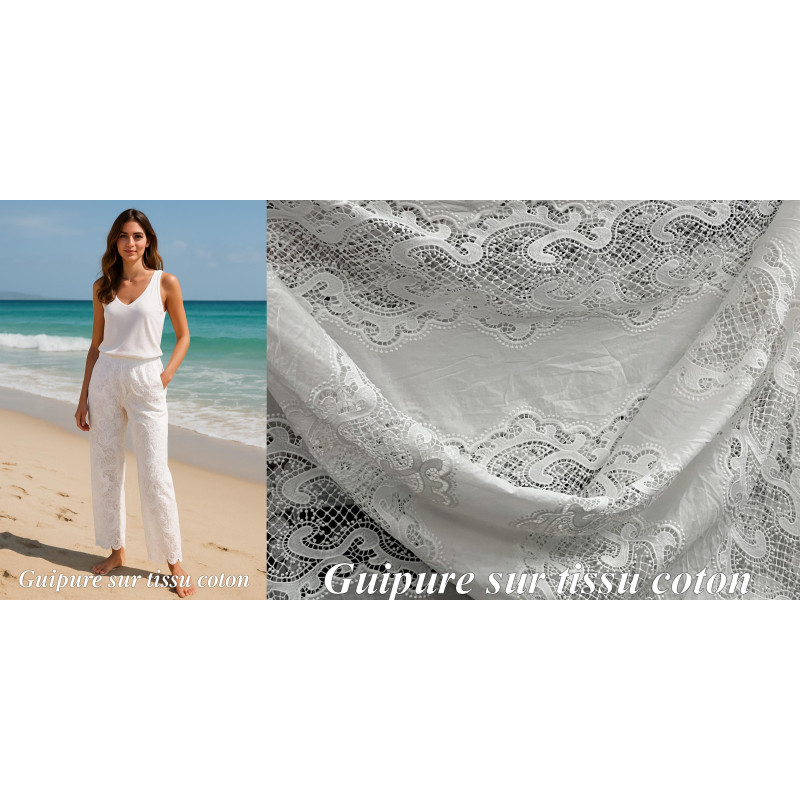 Tissu Dentelle Guipure Blanche en Coton – Grande Largeur pour Robes de Mariée, Cérémonie et Création Haute Couture