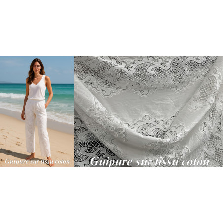 Tissu Dentelle Guipure Blanche en Coton – Grande Largeur pour Robes de Mariée, Cérémonie et Création Haute Couture