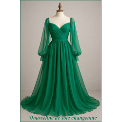 🌿 Mousseline de Soie Changeante Vert Émeraude Reflets Noirs – Tissu de Luxe au Mètre