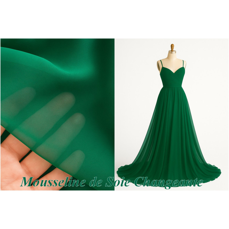 🌿 Mousseline de Soie Changeante Vert Émeraude Reflets Noirs – Tissu de Luxe au Mètre