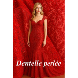 ✨ Dentelle perlée rouge – Festonnée des deux côtés – 145 cm de largeur