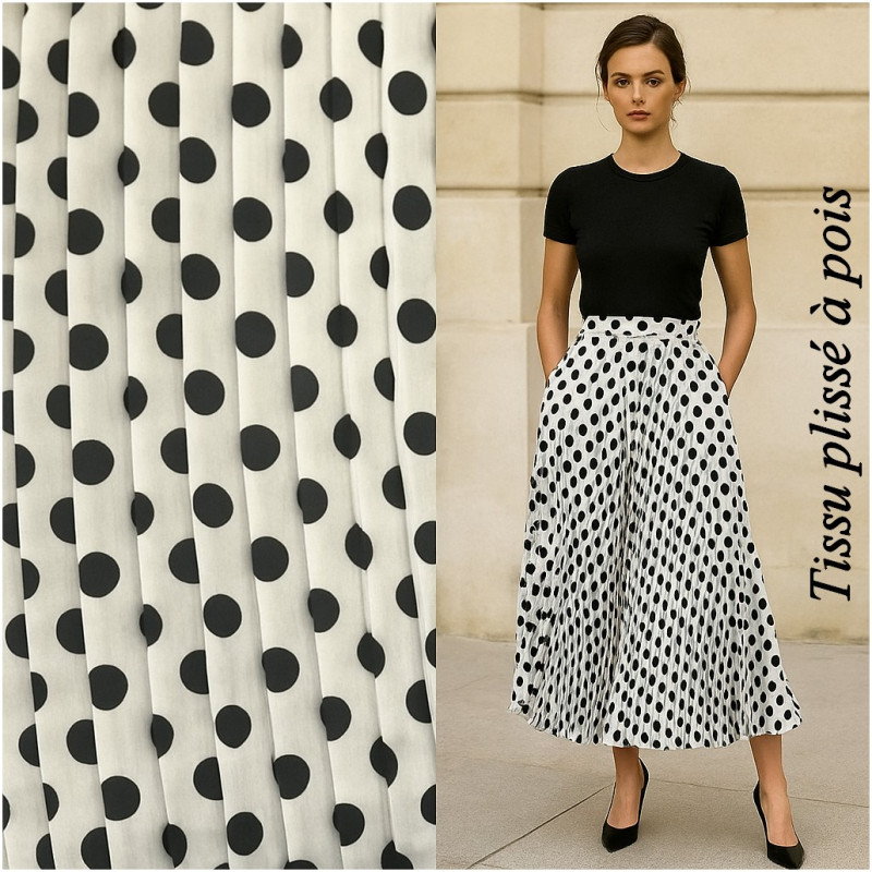 Tissu Plissé Blanc A Pois Noir Imprimé Au Mètre Couture