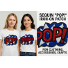 Patch thermocollant sequins "POP!" rouge, bleu et blanc – 26x17 cm – à coller au fer – customisation vêtements
