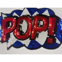 Patch thermocollant sequins "POP!" rouge, bleu et blanc – 26x17 cm – à coller au fer – customisation vêtements