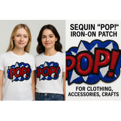 Patch thermocollant sequins "POP!" rouge, bleu et blanc – 26x17 cm – à coller au fer – customisation vêtements