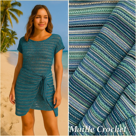 🧶 Tissu Maille Fantaisie Style Crochet – Rayures Bleues et Vertes