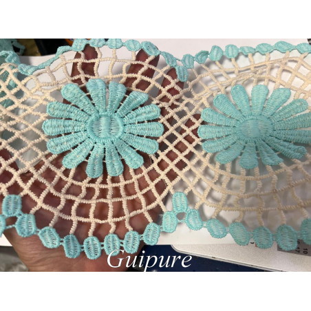 Guipure turquoise et écrue 17 cm – Dentelle florale pour vêtements, accessoires et décoration.